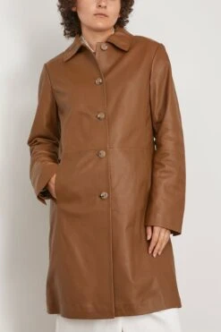 Uvon Long Leather Jacket In Brown -All Seasons Style 294457 2