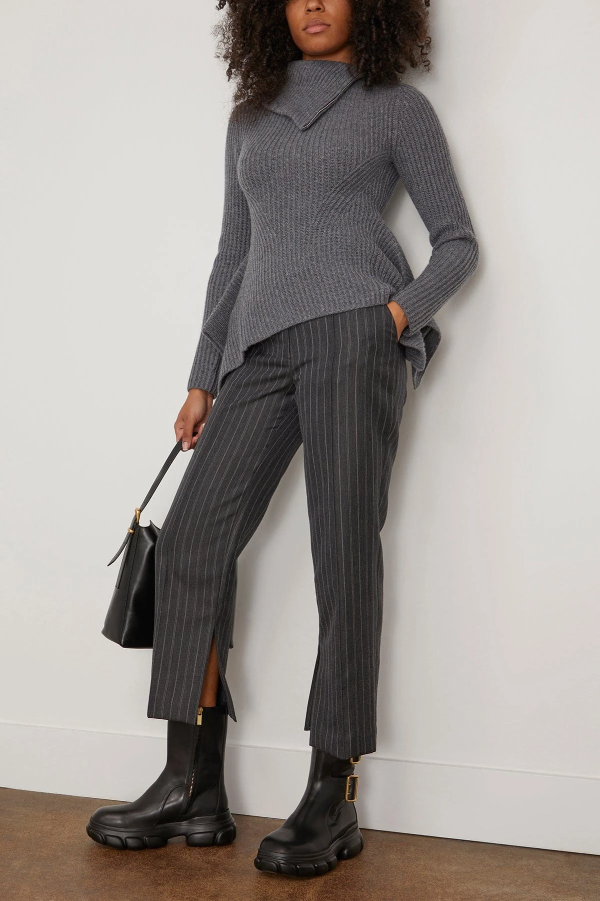 Keyara Foldover Collared Sweater In Charcoal Melange 4 Keyara Foldover Collared Sweater In Charcoal Melange - Image 2