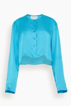 Crop Button Up Front Top In Aqua Silk