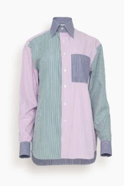 Classic Button Up Patchwork Top In Multi Stripe