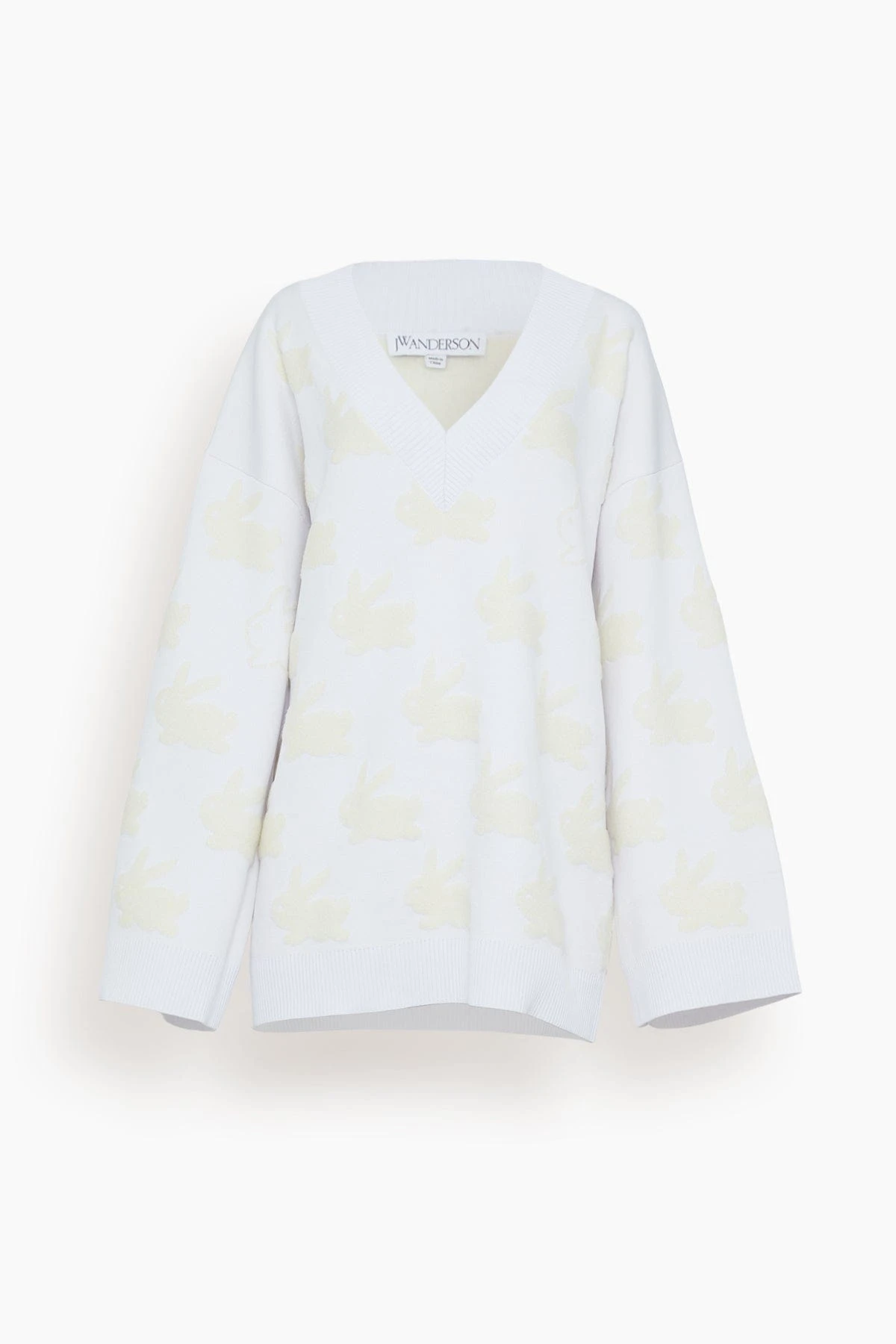 JW Anderson Bunny Jacquard V Neck Jumper In White/Ivory 2 JW Anderson Bunny Jacquard V Neck Jumper In White/Ivory