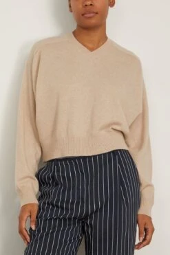 Emsalo V Neck Sweater In Cream Melange 8 Emsalo V Neck Sweater In Cream Melange -All Seasons Style LoulouStudio EmsaloVNeckSweaterinCreamMelange 2