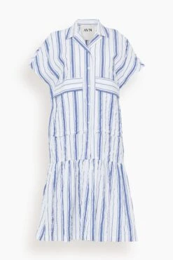 New College Dress In White With Navy Stripes