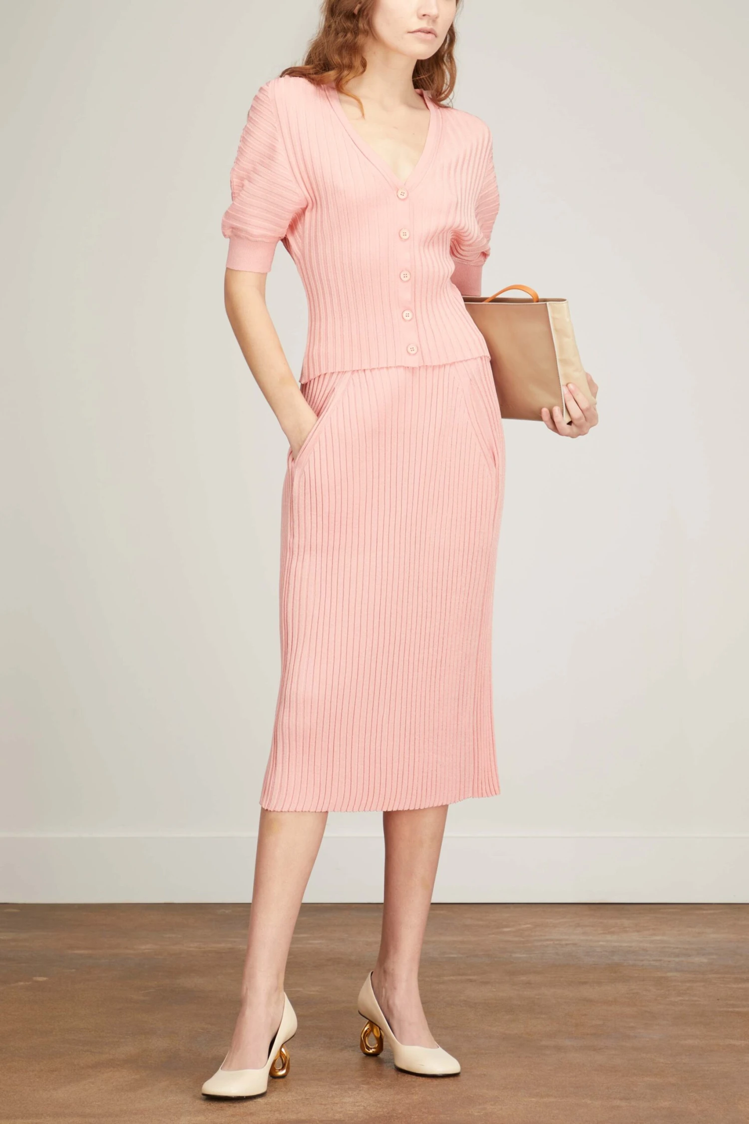 Knit Cardigan With Short Sleeves In Light Coral 4 Knit Cardigan With Short Sleeves In Light Coral - Image 2