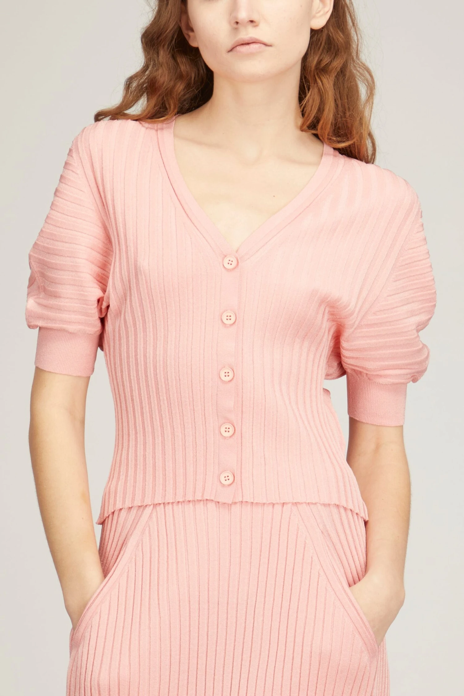 Knit Cardigan With Short Sleeves In Light Coral 5 Knit Cardigan With Short Sleeves In Light Coral - Image 3