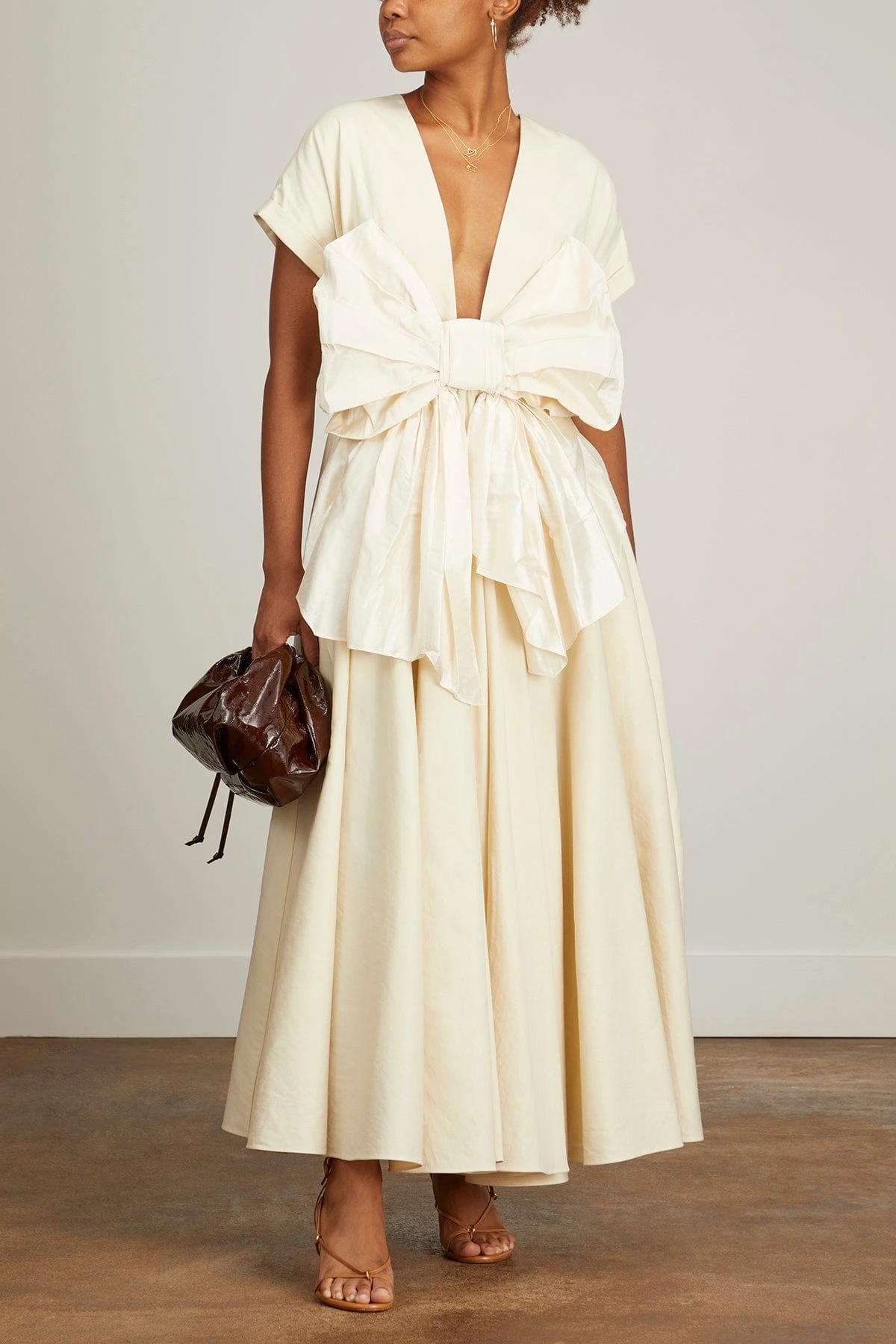 Deep Neck Crushed Bow Dress In Macadamia 4 Deep Neck Crushed Bow Dress In Macadamia - Image 2