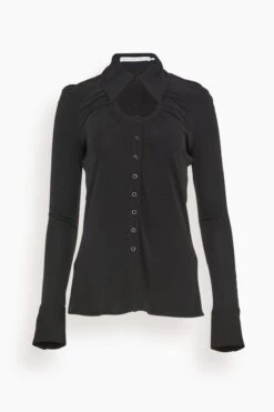 Long Sleeve Jersey Button Top In Black