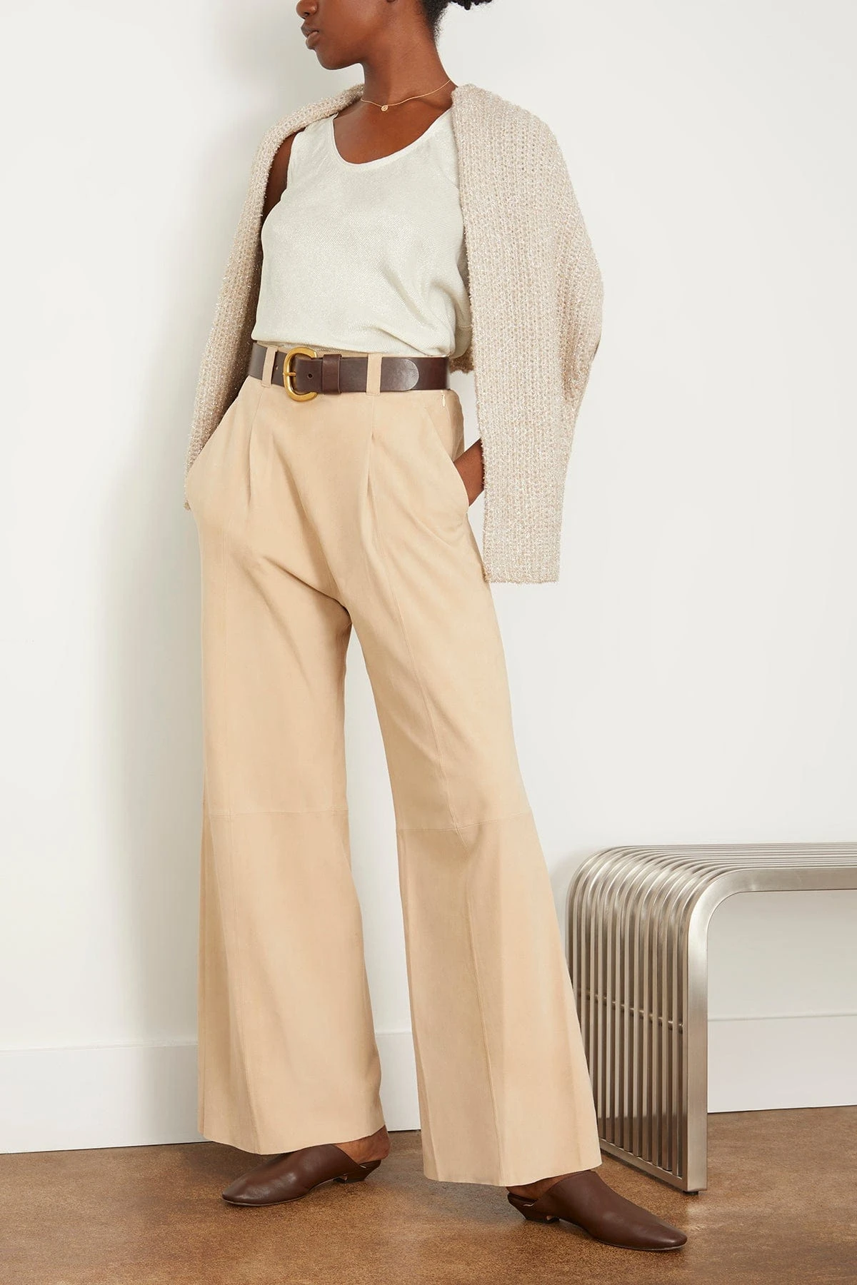 FORTE_FORTE Fluid Suede Relaxed Fit Pant In Sand 4 FORTE_FORTE Fluid Suede Relaxed Fit Pant In Sand - Image 2