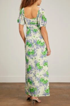 Ganni Printed Mesh Puff Sleeves Long Dress In Egret -All Seasons Style ganni printed mesh puff sleeves long dress in egret 3