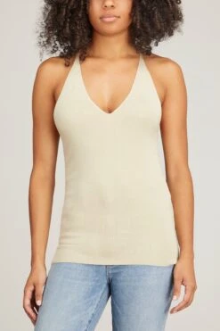 Toteme Y-Back Merino Silk Top In Wet Sand -All Seasons Style toteme yback merino silk top in wet sand 2