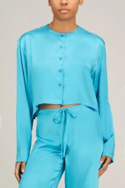 Crop Button Up Front Top In Aqua Silk 8 Crop Button Up Front Top In Aqua Silk -All Seasons Style woera crop button up front top in aqua silk 2