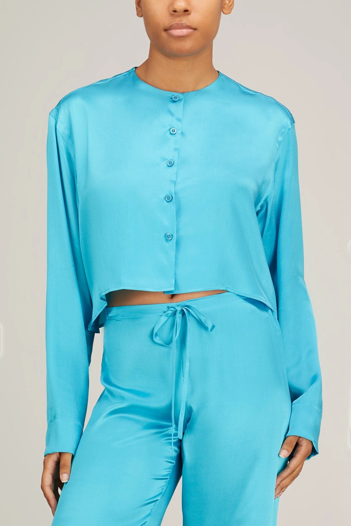 Crop Button Up Front Top In Aqua Silk 5 Crop Button Up Front Top In Aqua Silk - Image 3