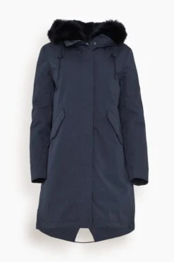 Cotton Parka Coat With Rabbit/Fox Trim In Ink