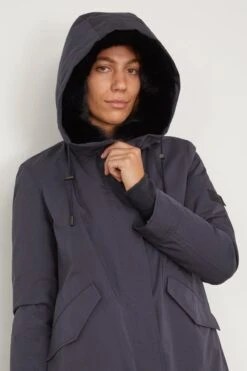 Cotton Parka Coat With Rabbit/Fox Trim In Ink -All Seasons Style yvessalomon CottonParkaCoatwithRabbitFoxTriminInk 4