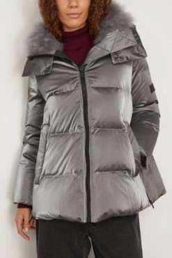 Irise Down Coat With Lamb Trim In Basalte -All Seasons Style yvessalomon IriseDownCoatwithLambTriminBasalte 2